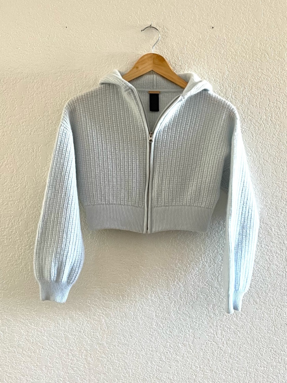 Magaschoni Cashmere Waffle Knit Cropped Zip Hoodie Sweater Powder Blue S Fall - Picture 2 of 10